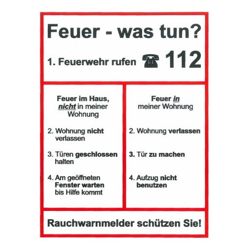 Bild von Hinweisschild „Feuer - was tun?“