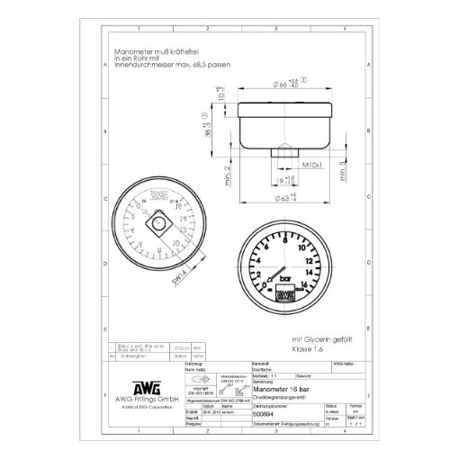 Bild von Manometer für Druckbegrenzungsventil AWG